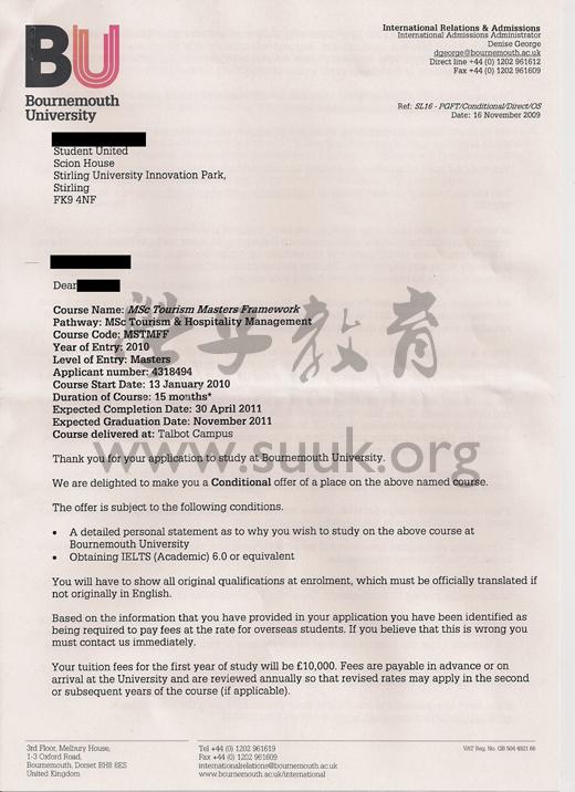 英国伯恩茅斯大学旅游和酒店管理硕士