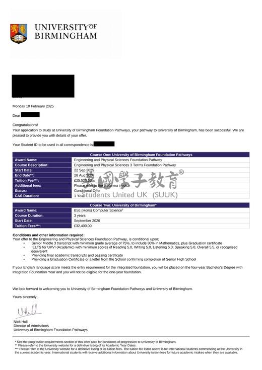 英国伯明翰大学工程与物理科学预科衔接课程+计算机科学学士